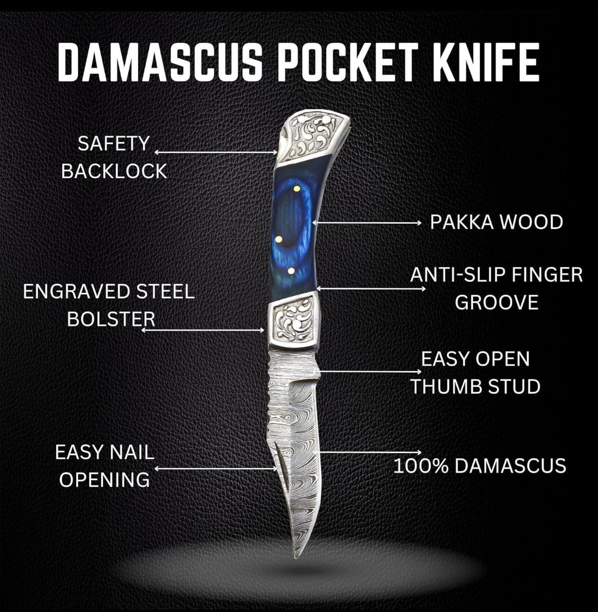 Custom Handmade Damascus Steel Pocket Knife Hunting Knife With Leather Pouch Premium Everyday Carry Knife – Blue Wave Handle