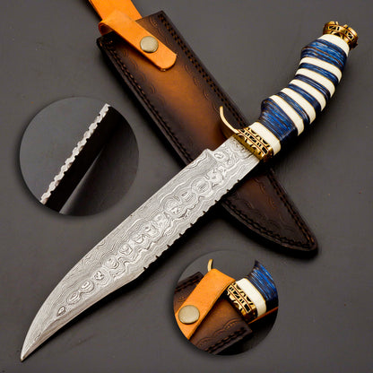 Handmade Damascus Steel Hunting Knife – Blue & White Stacked Handle, Brass Guard, Razor-Sharp Blade + Leather Sheath