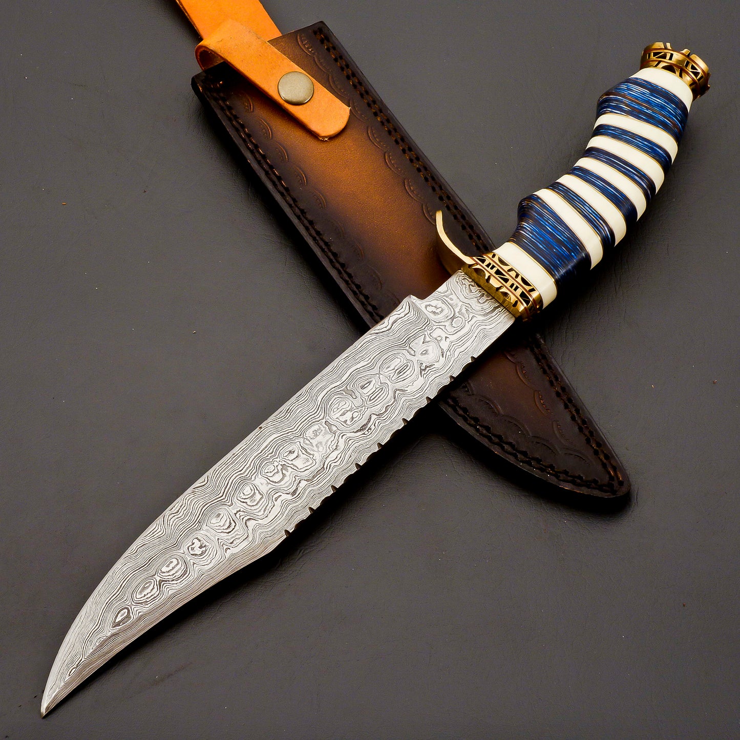 Handmade Damascus Steel Hunting Knife – Blue & White Stacked Handle, Brass Guard, Razor-Sharp Blade + Leather Sheath