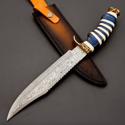 Handmade Damascus Steel Hunting Knife – Blue & White Stacked Handle, Brass Guard, Razor-Sharp Blade + Leather Sheath