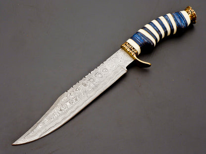Handmade Damascus Steel Hunting Knife – Blue & White Stacked Handle, Brass Guard, Razor-Sharp Blade + Leather Sheath