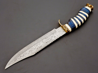 Handmade Damascus Steel Hunting Knife – Blue & White Stacked Handle, Brass Guard, Razor-Sharp Blade + Leather Sheath