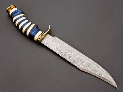 Handmade Damascus Steel Hunting Knife – Blue & White Stacked Handle, Brass Guard, Razor-Sharp Blade + Leather Sheath