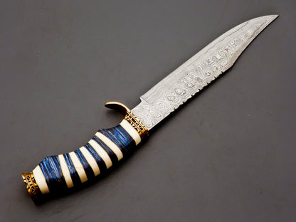Handmade Damascus Steel Hunting Knife – Blue & White Stacked Handle, Brass Guard, Razor-Sharp Blade + Leather Sheath