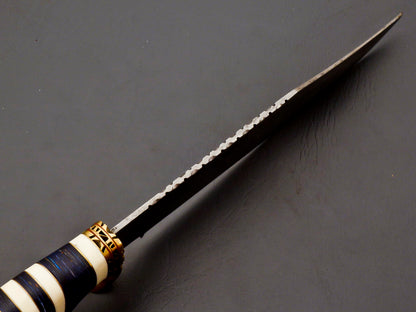 Handmade Damascus Steel Hunting Knife – Blue & White Stacked Handle, Brass Guard, Razor-Sharp Blade + Leather Sheath