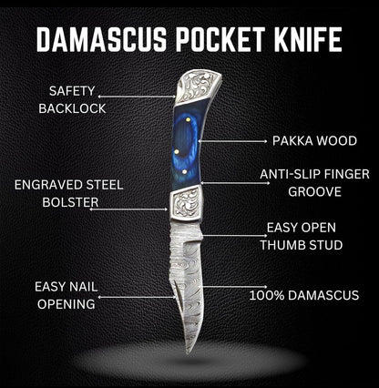 Custom Handmade Damascus Steel Pocket Knife Hunting Knife With Leather Pouch Premium Everyday Carry Knife – Blue Wave Handle