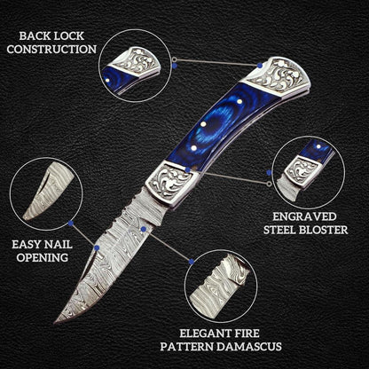 Custom Handmade Damascus Steel Pocket Knife Hunting Knife With Leather Pouch Premium Everyday Carry Knife – Blue Wave Handle