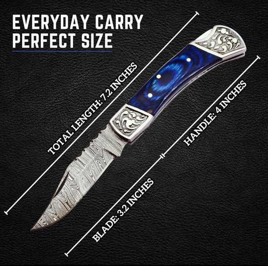 Custom Handmade Damascus Steel Pocket Knife Hunting Knife With Leather Pouch Premium Everyday Carry Knife – Blue Wave Handle