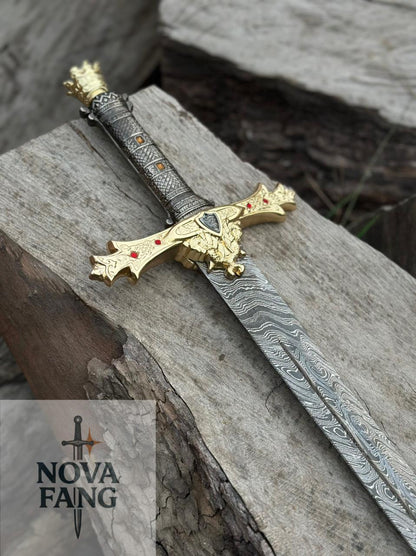 Custom Handmade Real Crown Sword – Hand-Forged Damascus Steel Ornate Guard