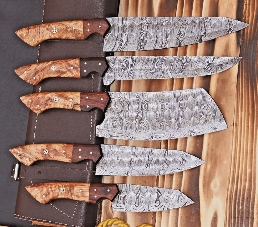 7-Piece Handmade Damascus Steel Chef Knife Set | Olive Wood Handle | Professional Kitchen Knives with Leather Roll Bag