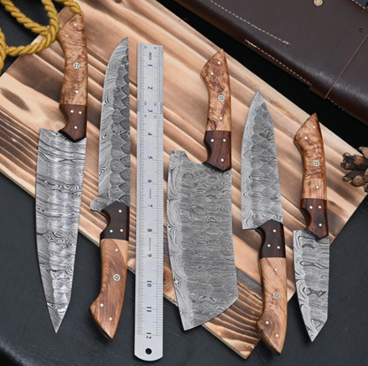 7-Piece Handmade Damascus Steel Chef Knife Set | Olive Wood Handle | Professional Kitchen Knives with Leather Roll Bag
