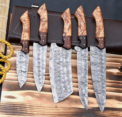 7-Piece Handmade Damascus Steel Chef Knife Set | Olive Wood Handle | Professional Kitchen Knives with Leather Roll Bag