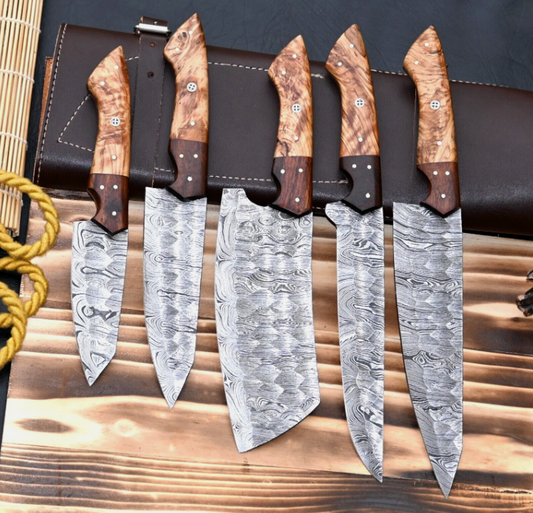 7-Piece Handmade Damascus Steel Chef Knife Set | Olive Wood Handle | Professional Kitchen Knives with Leather Roll Bag