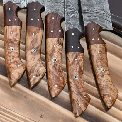 7-Piece Handmade Damascus Steel Chef Knife Set | Olive Wood Handle | Professional Kitchen Knives with Leather Roll Bag