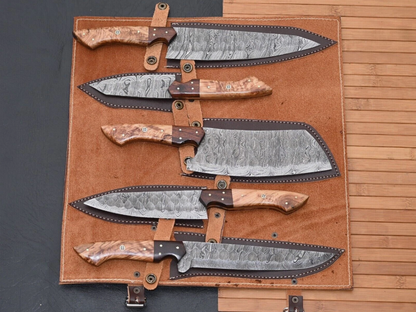7-Piece Handmade Damascus Steel Chef Knife Set | Olive Wood Handle | Professional Kitchen Knives with Leather Roll Bag