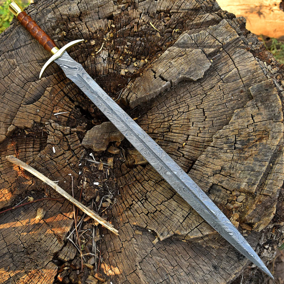 Hand-Forged Damascus Steel Longsword | Brass Guard & Walnut Grip | Collectible Medieval Sword | Custom Handmade Gift
