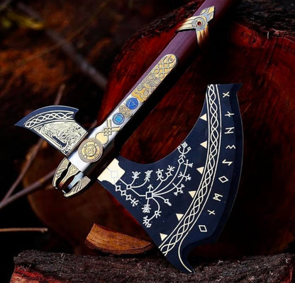Leviathan Axe Replica – Premium God of War Inspired Battle Axe | Handcrafted Engraved Steel Blade Long Wooden Handle | 38" Collectible Display Axe for Gamers Cosplayers