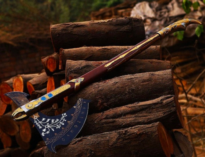 Leviathan Axe Replica – Premium God of War Inspired Battle Axe | Handcrafted Engraved Steel Blade Long Wooden Handle | 38" Collectible Display Axe for Gamers Cosplayers