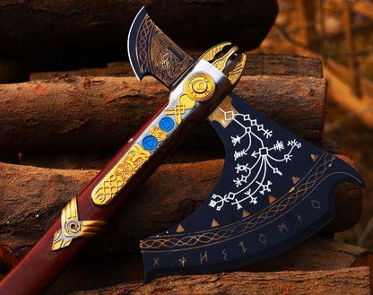 Leviathan Axe Replica – Premium God of War Inspired Battle Axe | Handcrafted Engraved Steel Blade Long Wooden Handle | 38" Collectible Display Axe for Gamers Cosplayers