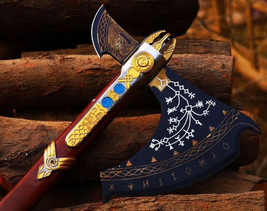 Leviathan Axe Replica – Premium God of War Inspired Battle Axe | Handcrafted Engraved Steel Blade Long Wooden Handle | 38" Collectible Display Axe for Gamers Cosplayers