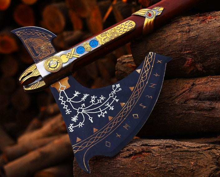 Leviathan Axe Replica – Premium God of War Inspired Battle Axe | Handcrafted Engraved Steel Blade Long Wooden Handle | 38" Collectible Display Axe for Gamers Cosplayers