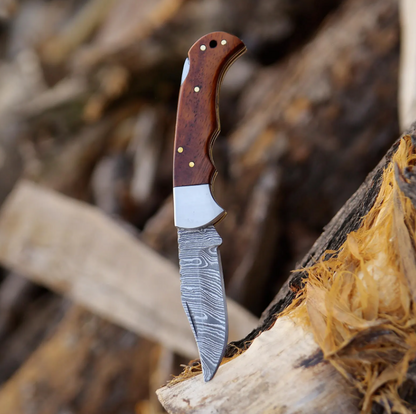 6.5-Inch Handmade Damascus Folding Knife | Pocket Knife with Wood Handle | EDC Outdoor Camping Knife