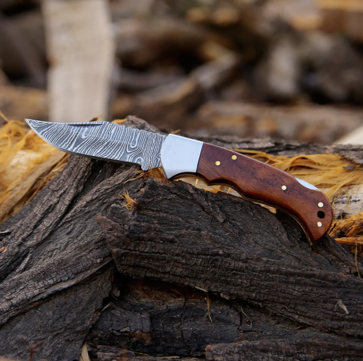 6.5-Inch Handmade Damascus Folding Knife | Pocket Knife with Wood Handle | EDC Outdoor Camping Knife