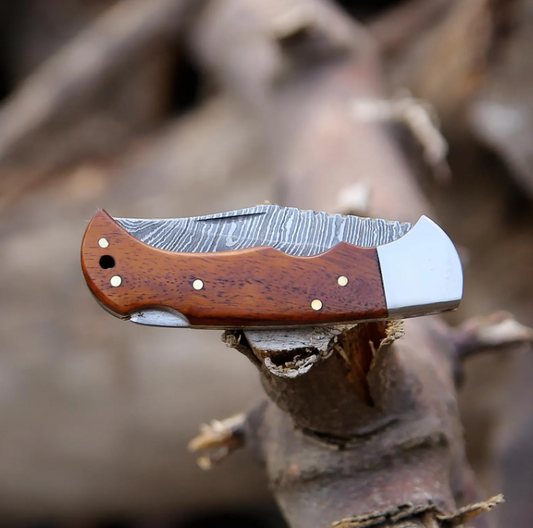 6.5-Inch Handmade Damascus Folding Knife | Pocket Knife with Wood Handle | EDC Outdoor Camping Knife
