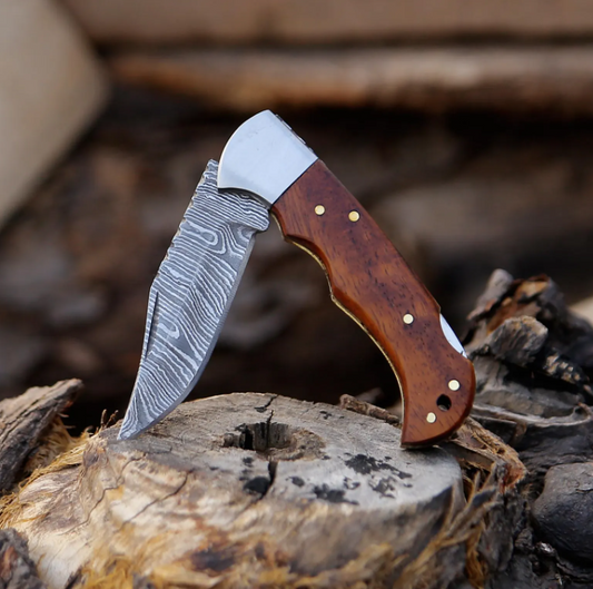 6.5-Inch Handmade Damascus Folding Knife | Pocket Knife with Wood Handle | EDC Outdoor Camping Knife